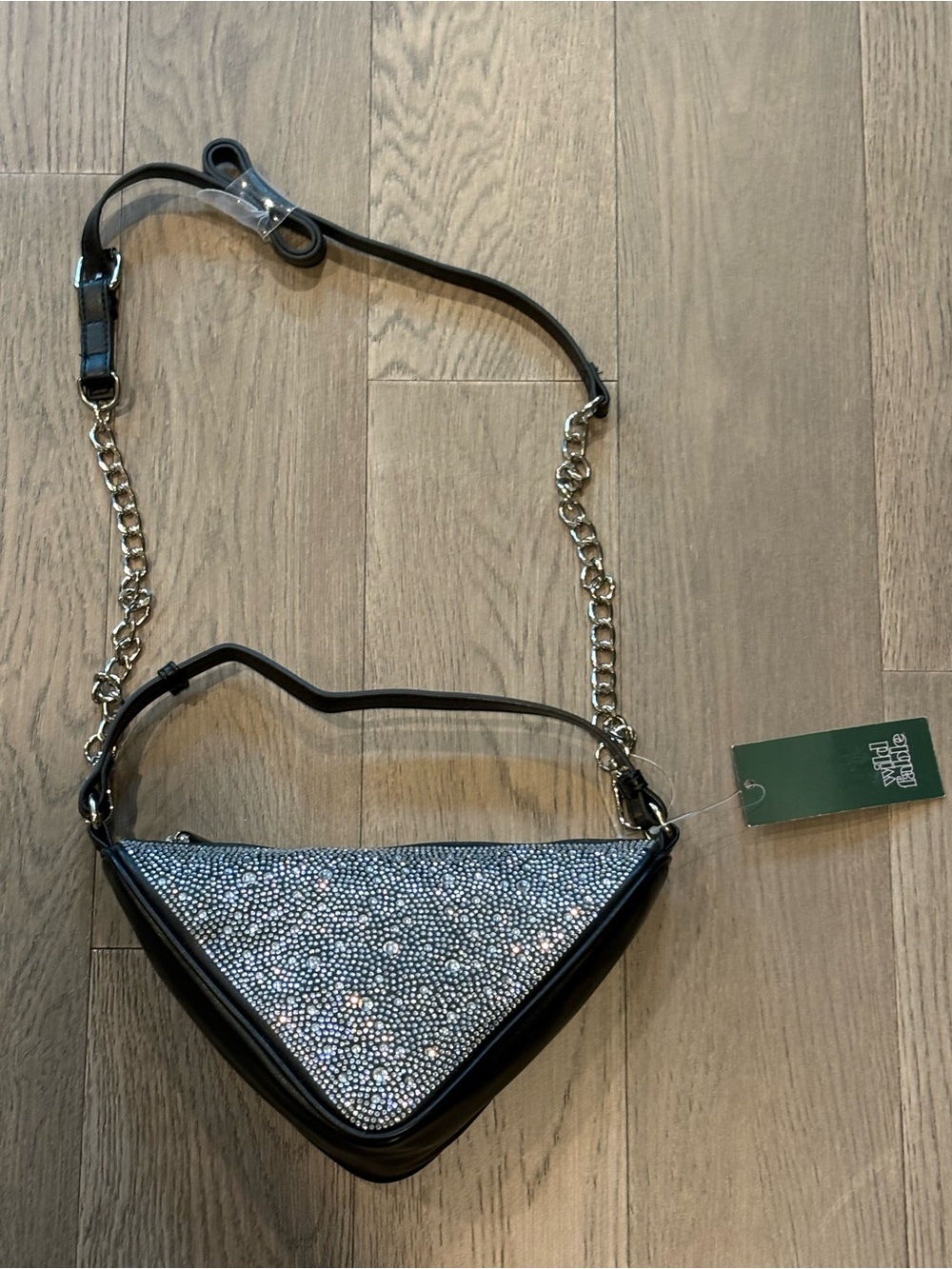 Black Triangle Crossbody Bag with Silver Rhinestone Panel